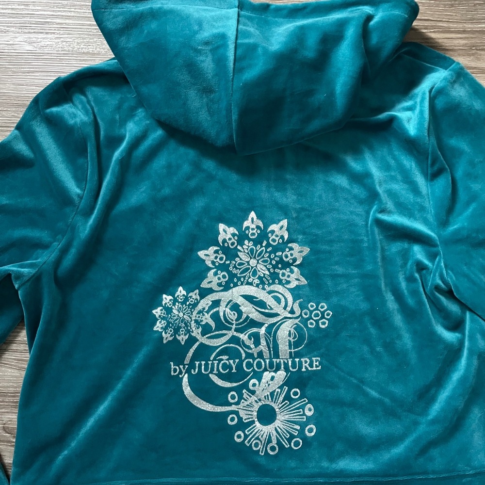 Juicy Couture Teal Velour Zip Up Hoodie Silver Crown Graphic XL - Picture 3 of 7